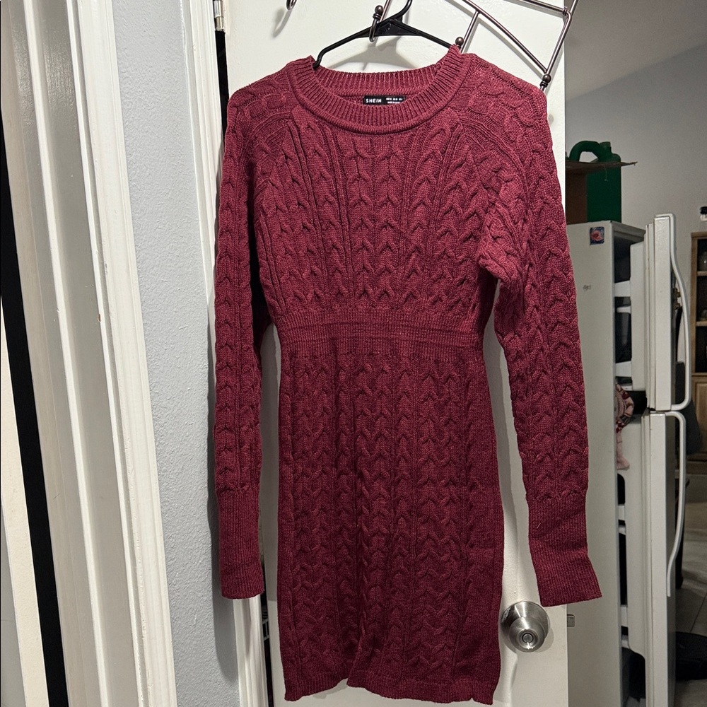 SHEIN Long Sleeve Cable Knit Dress - Burgundy